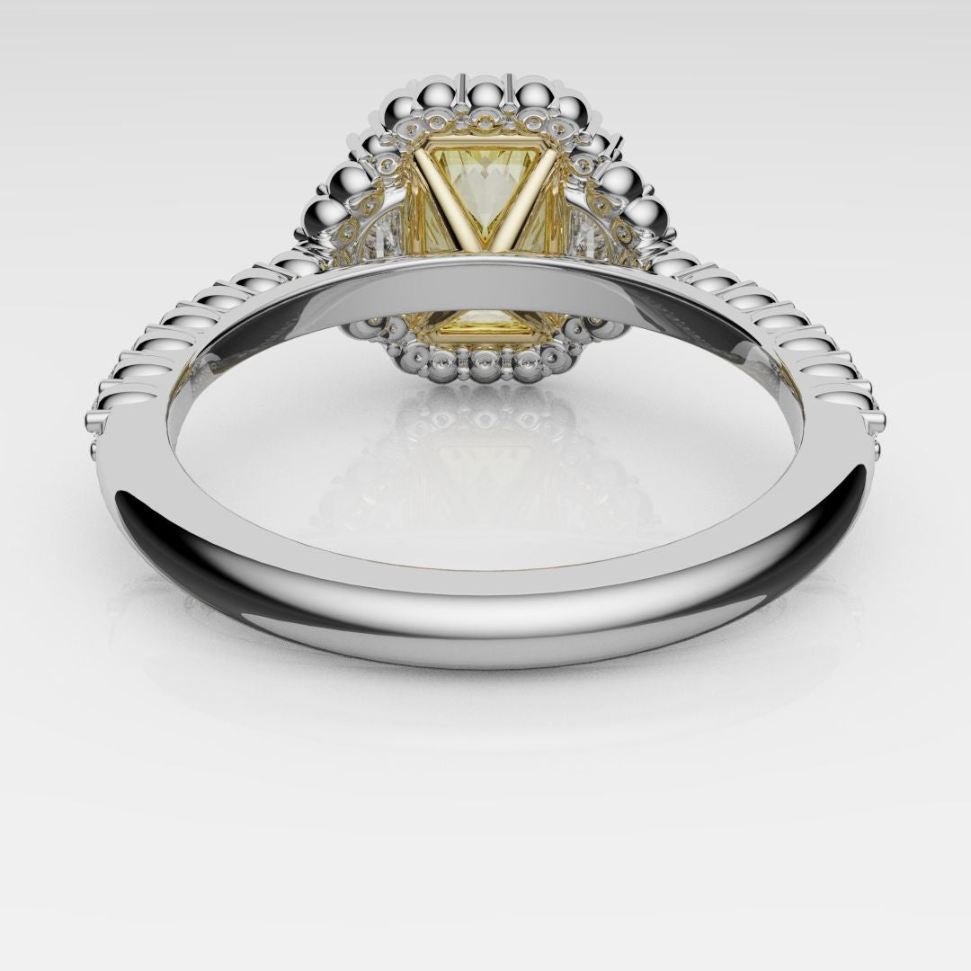 Luxury radiant yellow diamond engagement ring with half-moon diamond side stones and double halo sparkle, handcrafted in London’s Hatton Garden.