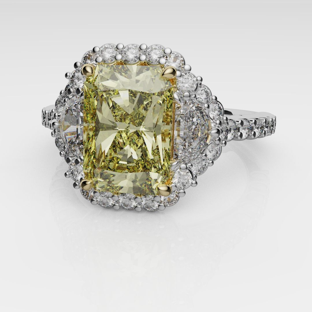 Radiant Cut Fancy Yellow Engagement Ring With Half Moon Shoulder Diamonds