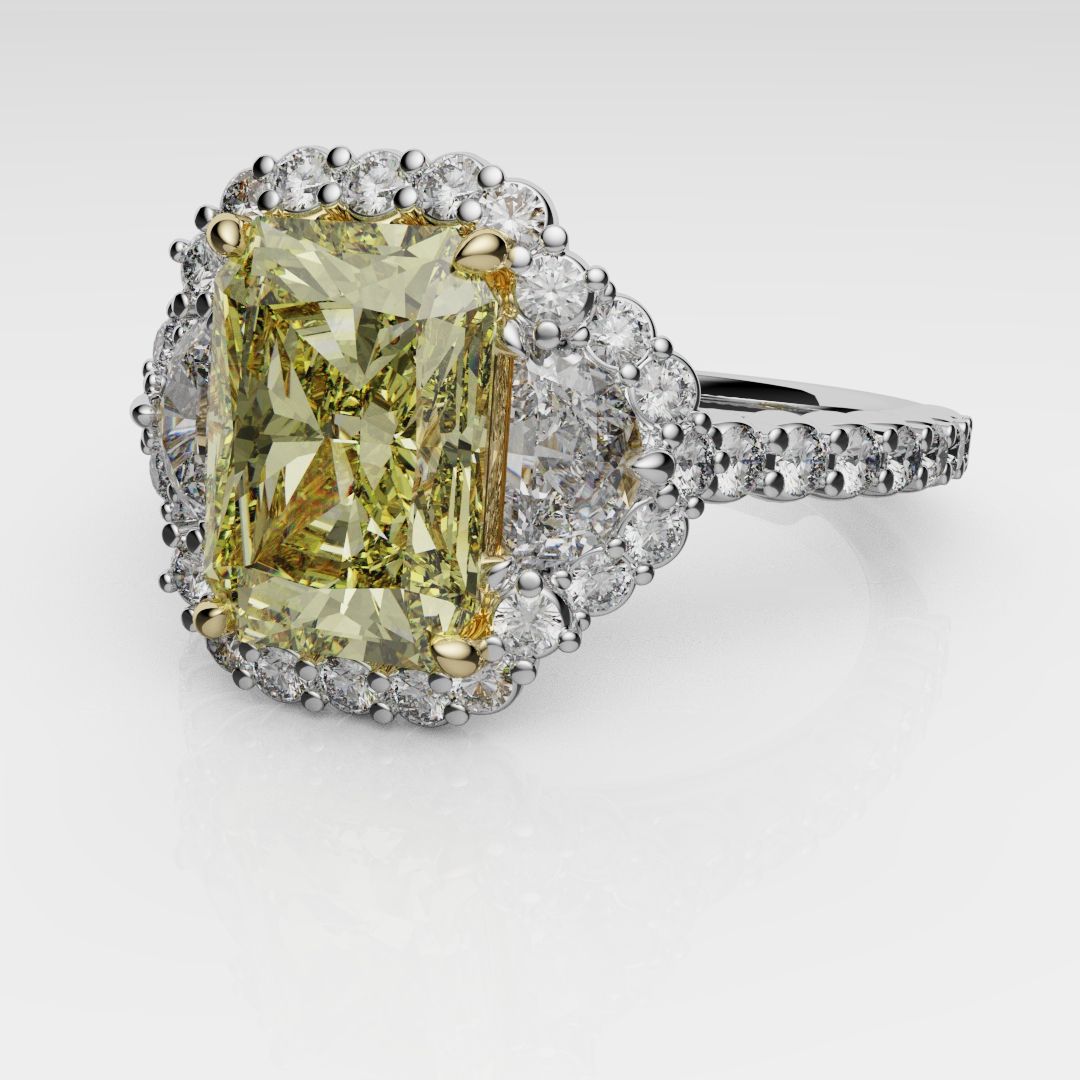 Radiant Cut Fancy Yellow Engagement Ring With Half Moon Shoulder Diamonds