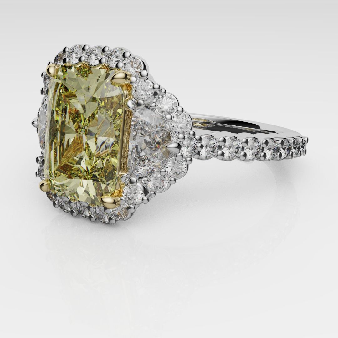 Radiant Cut Fancy Yellow Engagement Ring With Half Moon Shoulder Diamonds