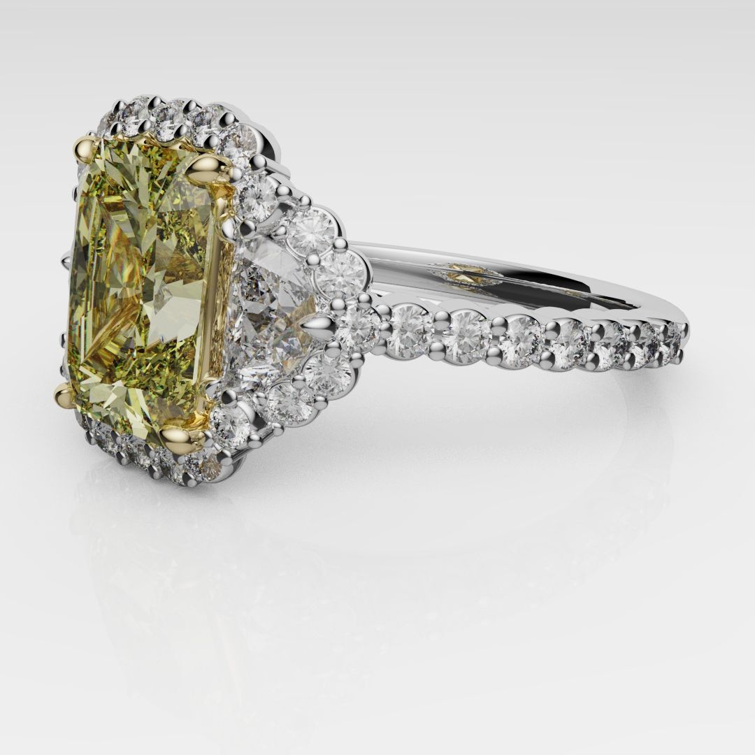 Radiant Cut Fancy Yellow Engagement Ring With Half Moon Shoulder Diamonds