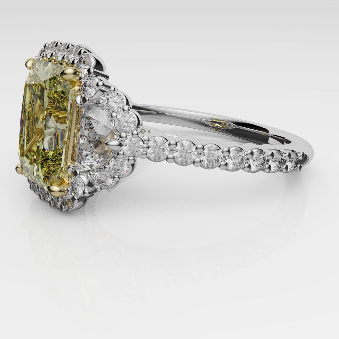 Radiant Cut Fancy Yellow Engagement Ring With Half Moon Shoulder Diamonds