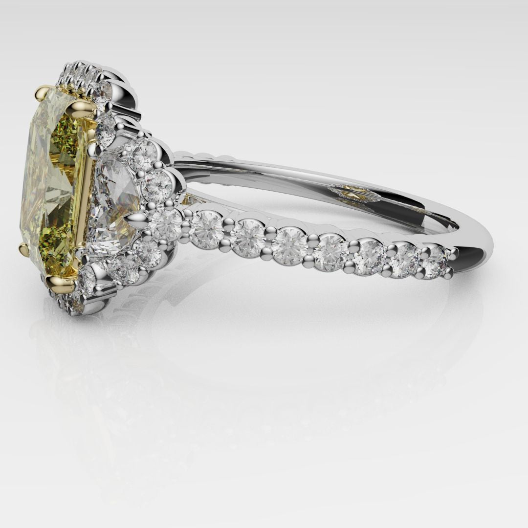 Radiant Cut Fancy Yellow Engagement Ring With Half Moon Shoulder Diamonds