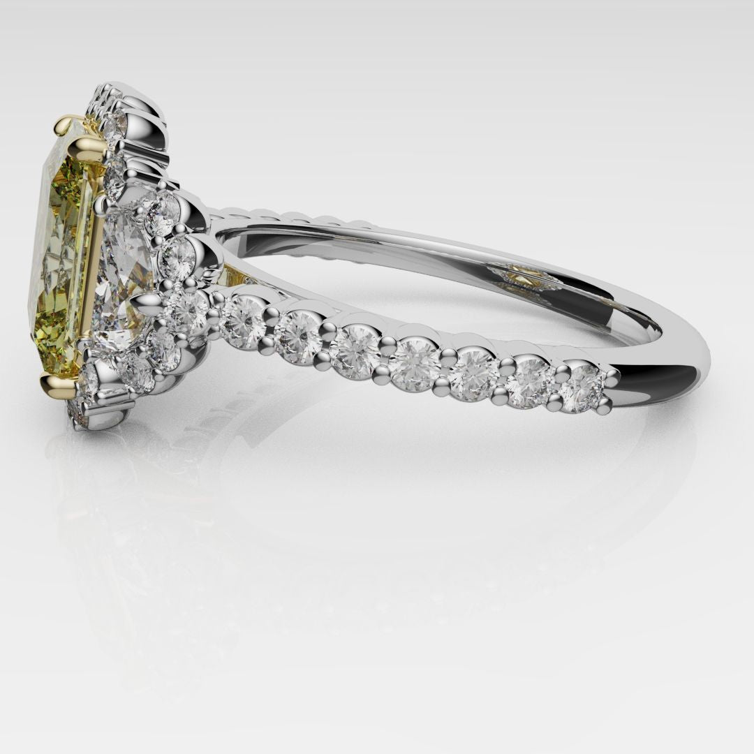 Radiant Cut Fancy Yellow Engagement Ring With Half Moon Shoulder Diamonds