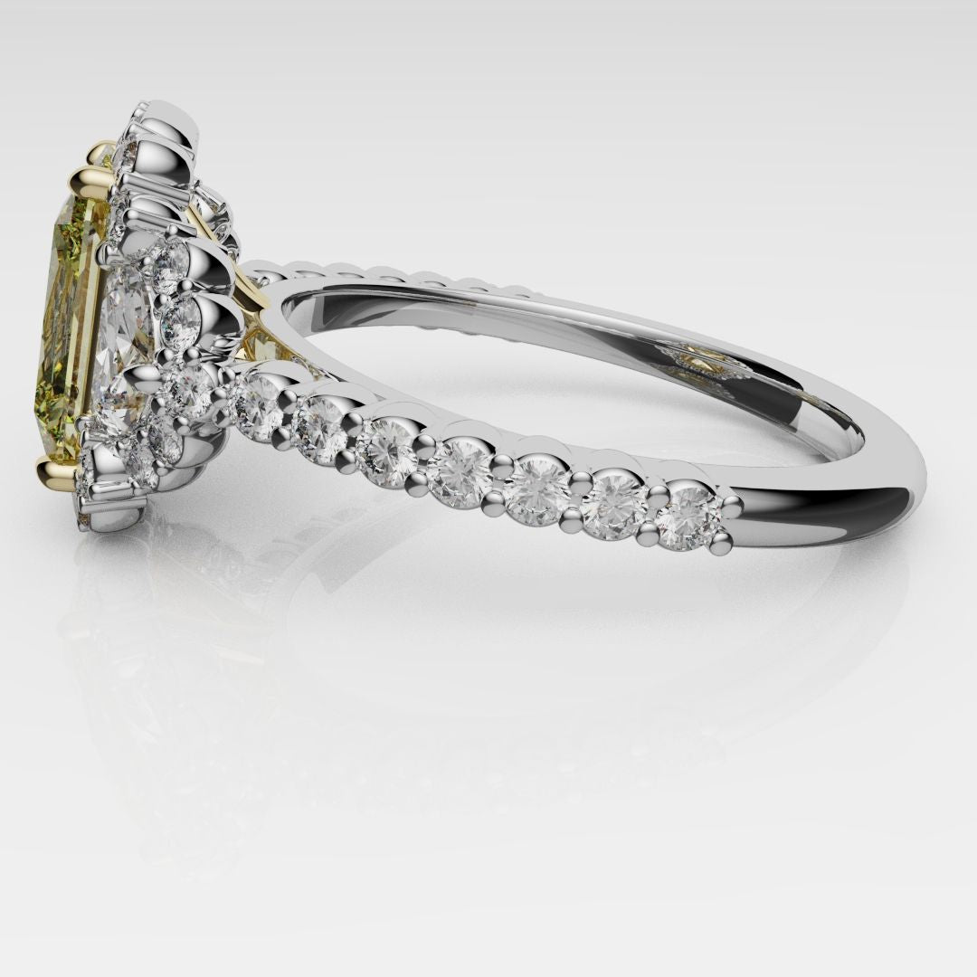 Radiant Cut Fancy Yellow Engagement Ring With Half Moon Shoulder Diamonds