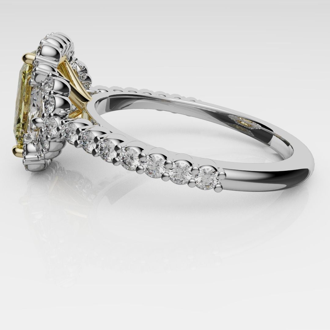Radiant Cut Fancy Yellow Engagement Ring With Half Moon Shoulder Diamonds