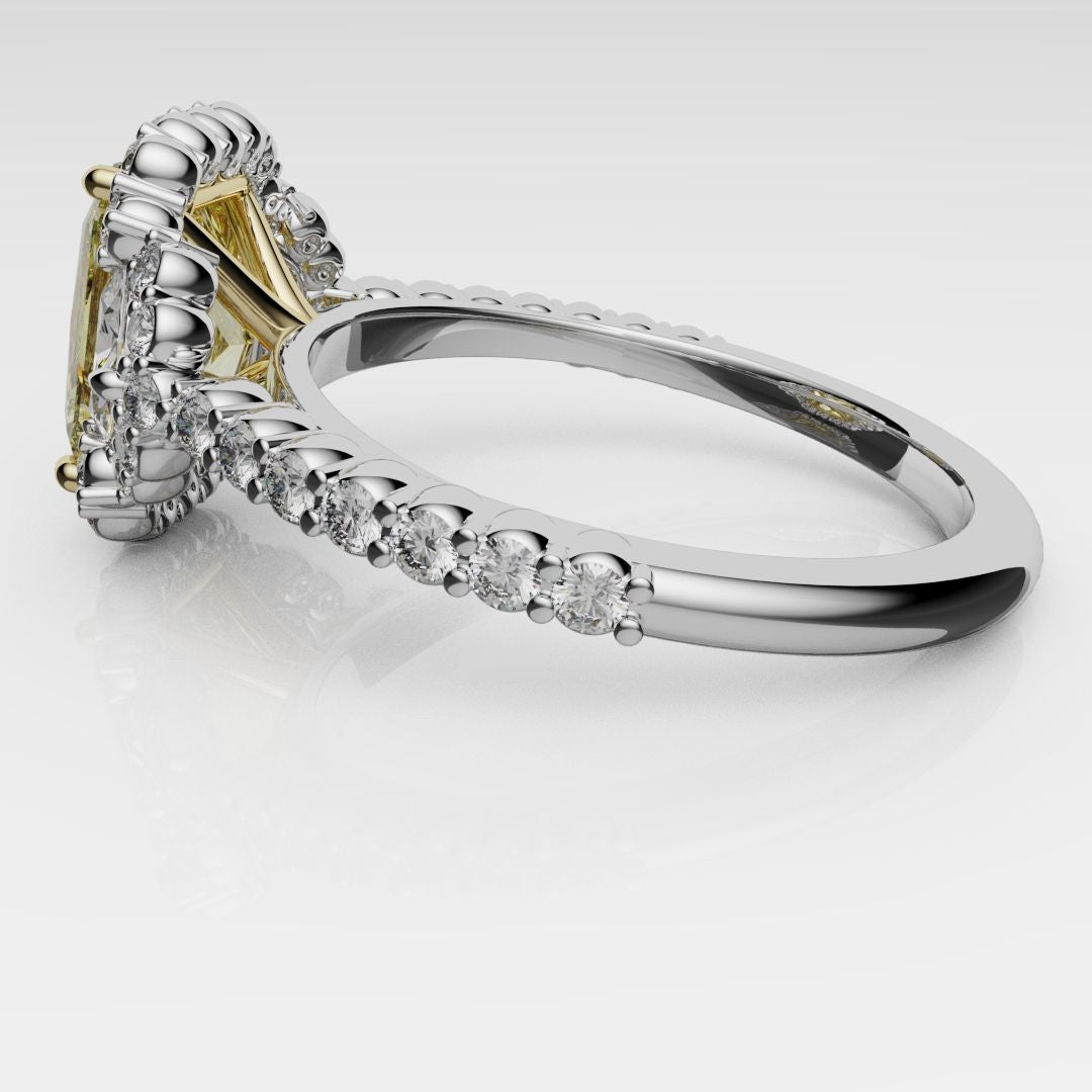 Radiant Cut Fancy Yellow Engagement Ring With Half Moon Shoulder Diamonds