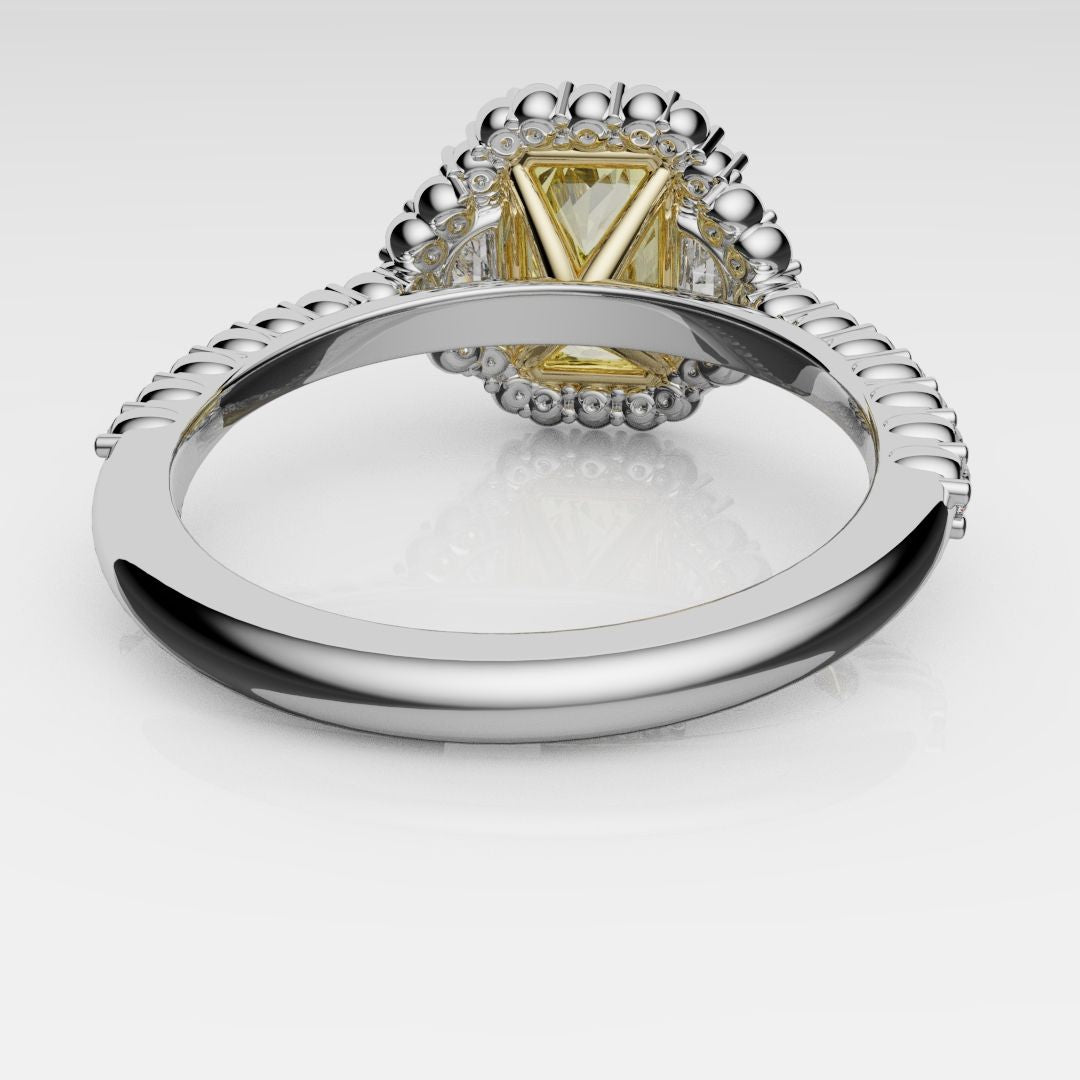 Handcrafted radiant cut yellow diamond ring with half-moon diamonds and a platinum diamond halo — artisanal bespoke design by Hyde Park Design.