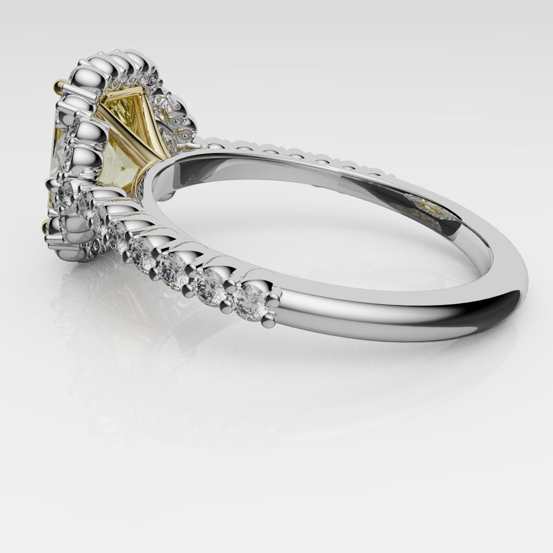 Radiant Cut Fancy Yellow Engagement Ring With Half Moon Shoulder Diamonds