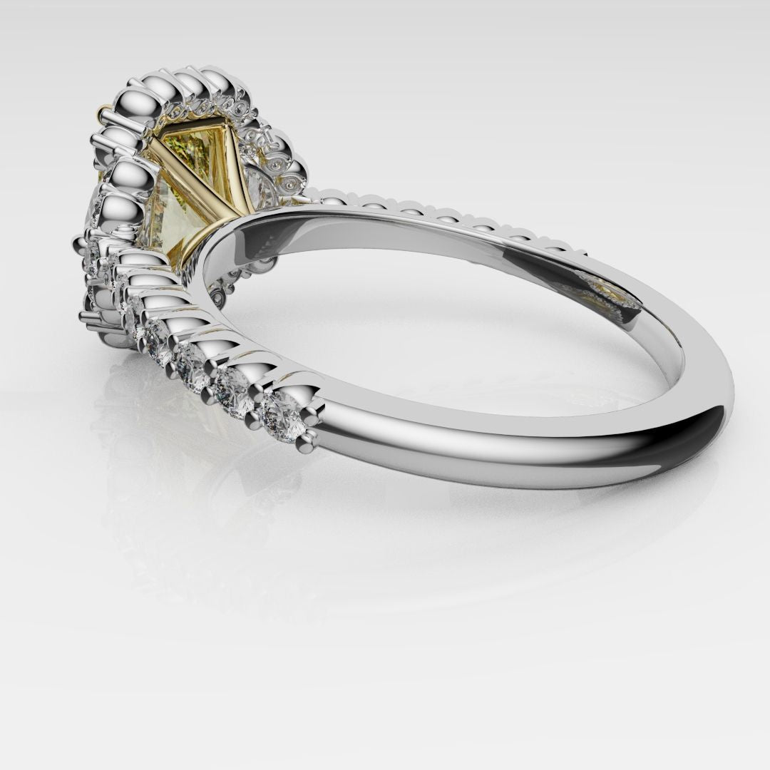 Radiant Cut Fancy Yellow Engagement Ring With Half Moon Shoulder Diamonds