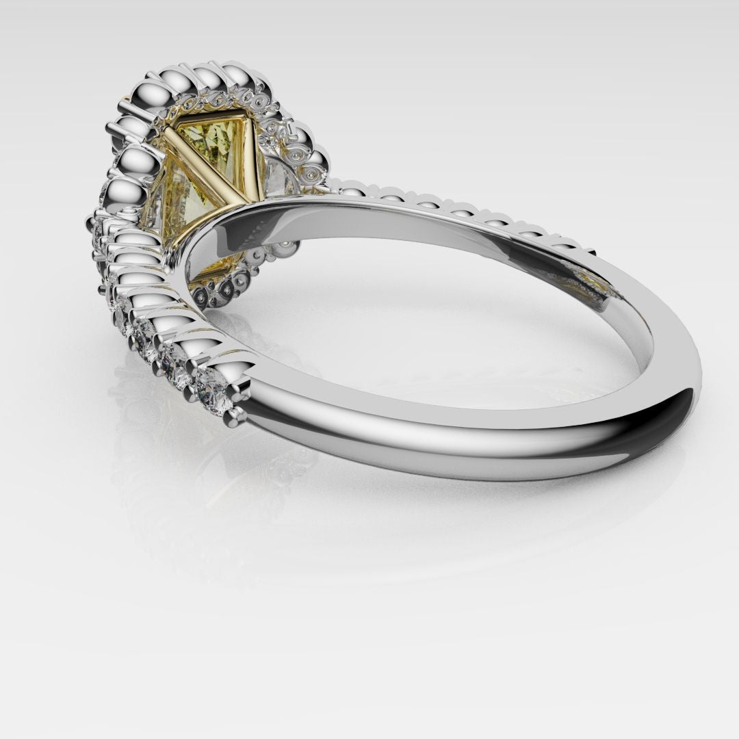 Radiant Cut Fancy Yellow Engagement Ring With Half Moon Shoulder Diamonds