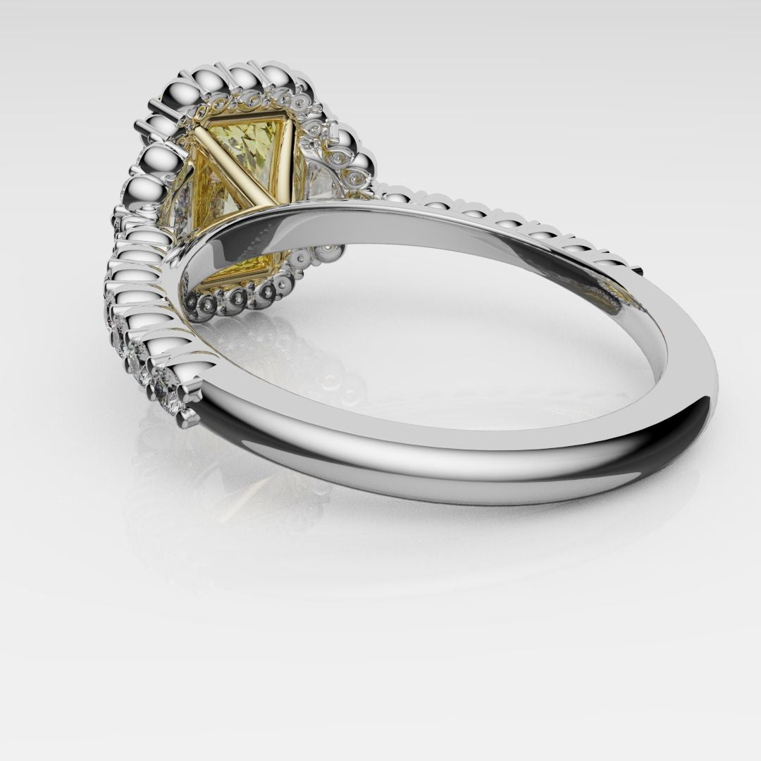 Radiant Cut Fancy Yellow Engagement Ring With Half Moon Shoulder Diamonds