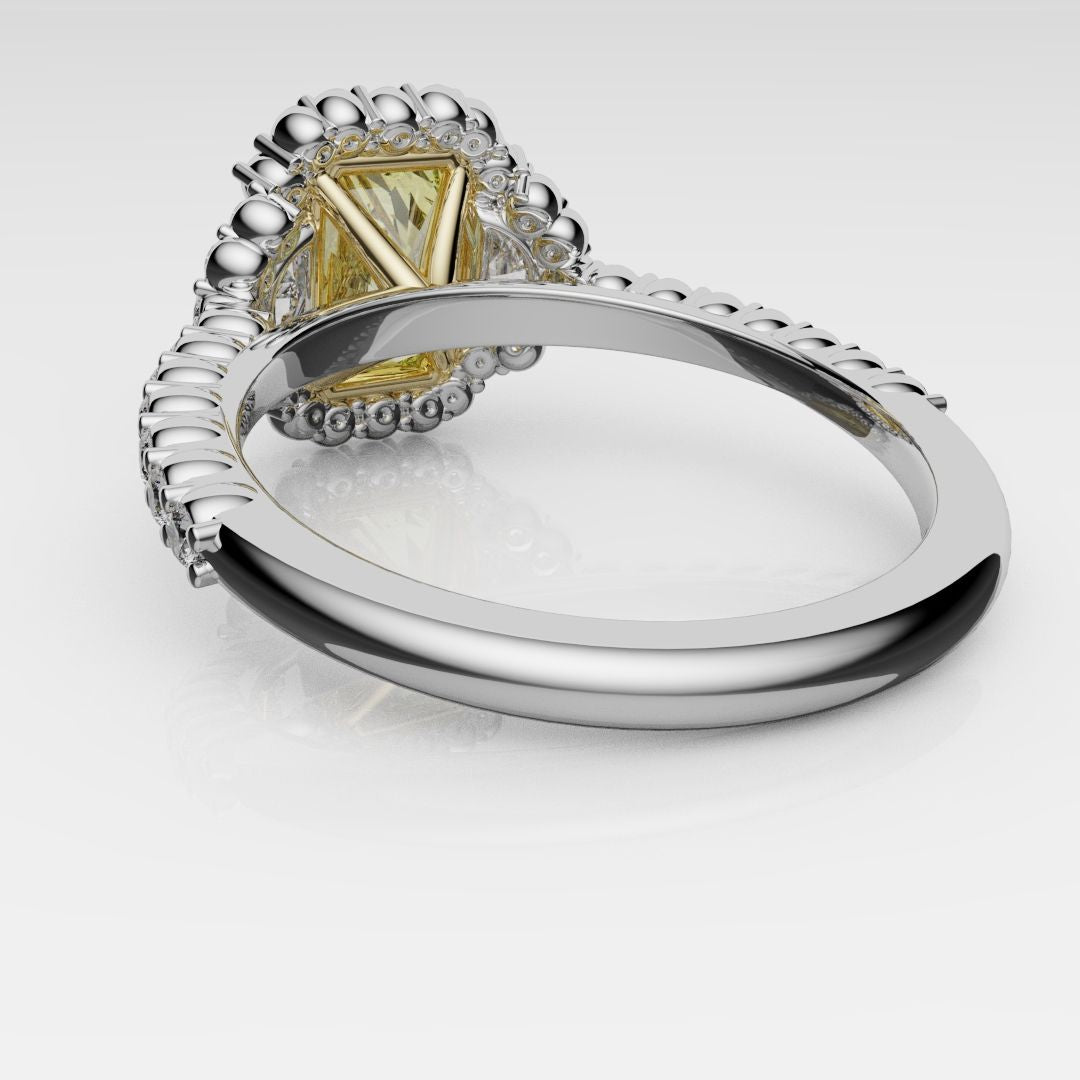 Radiant Cut Fancy Yellow Engagement Ring With Half Moon Shoulder Diamonds