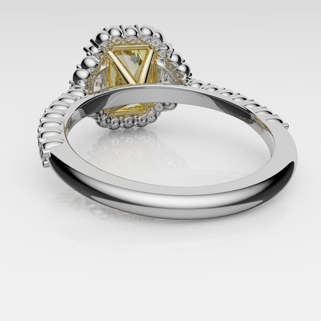 Radiant Cut Fancy Yellow Engagement Ring With Half Moon Shoulder Diamonds