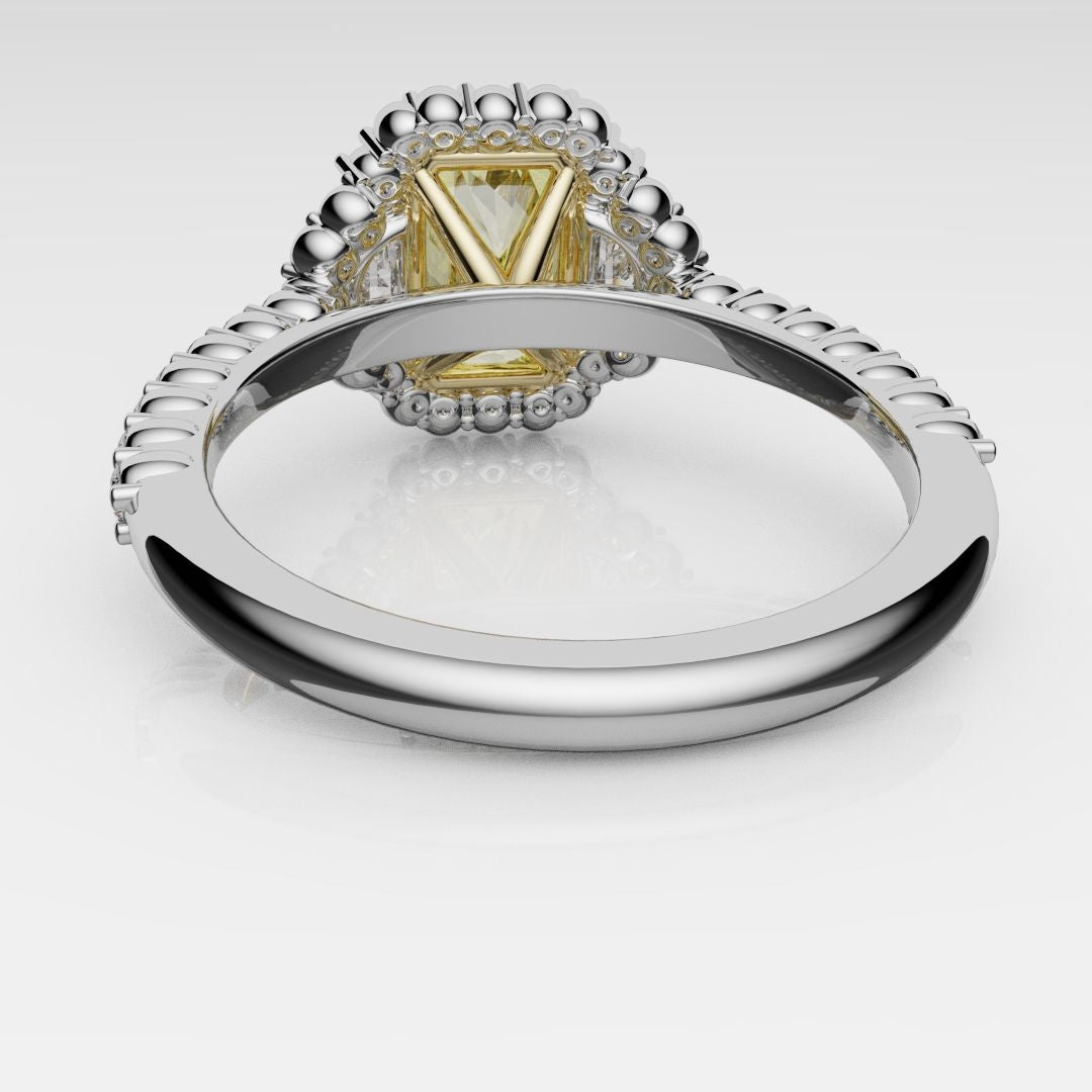 Radiant Cut Fancy Yellow Engagement Ring With Half Moon Shoulder Diamonds