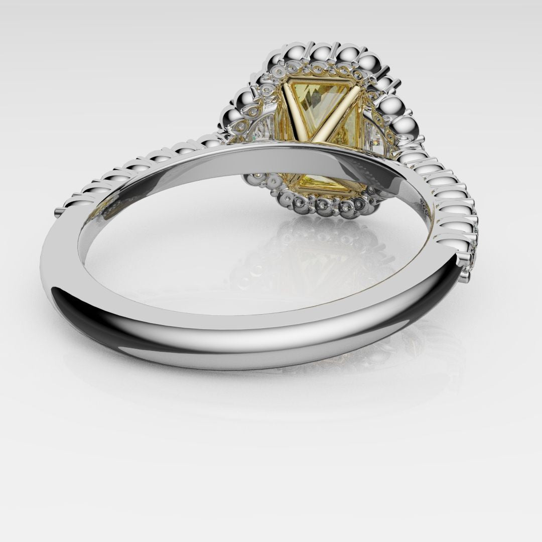 Radiant yellow diamond engagement ring framed by half-moon diamonds, created by Hyde Park Design — leading independent Hatton Garden jeweller.