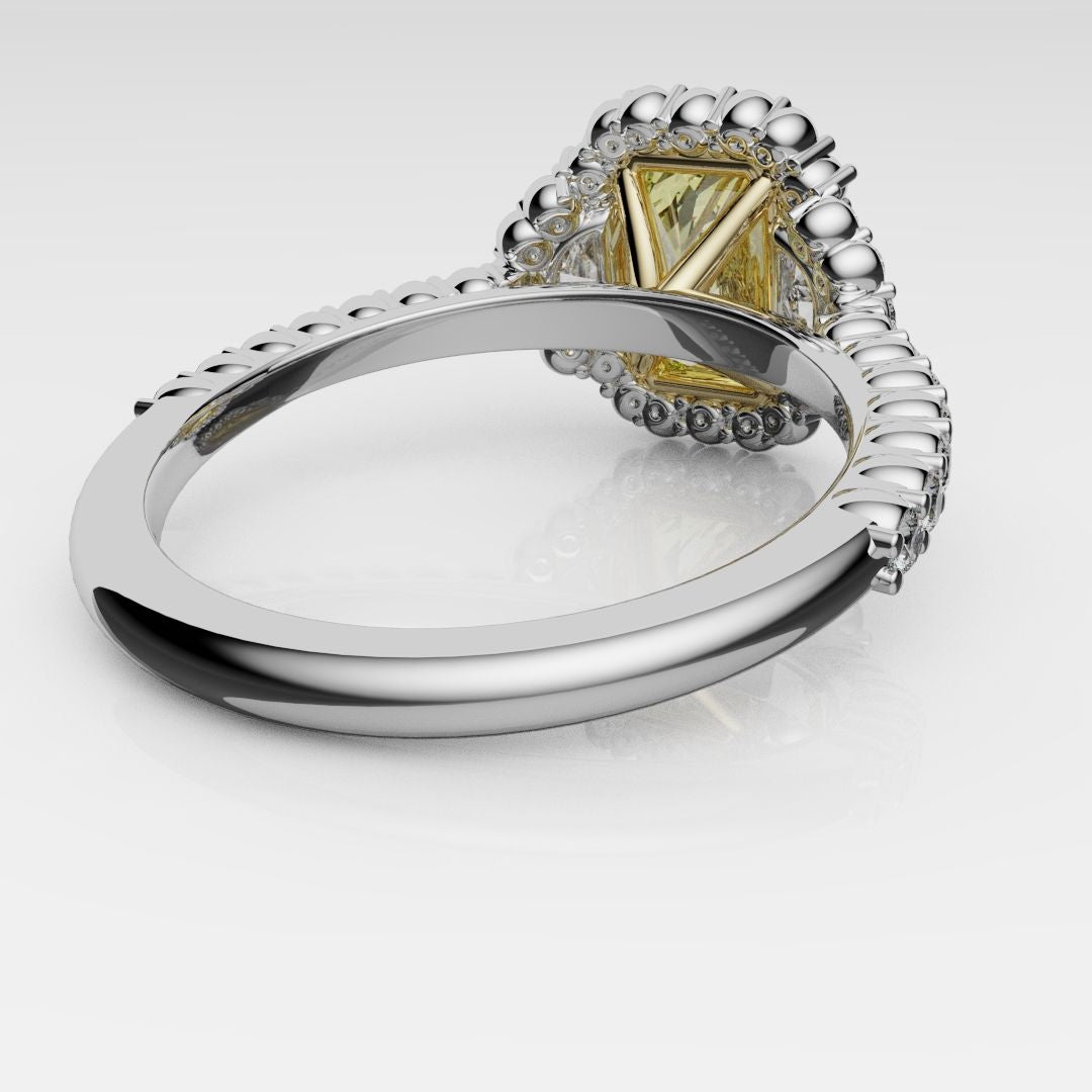 Bespoke radiant cut yellow diamond ring with half-moon diamonds and a shimmering halo, custom-made in London by Hyde Park Design.