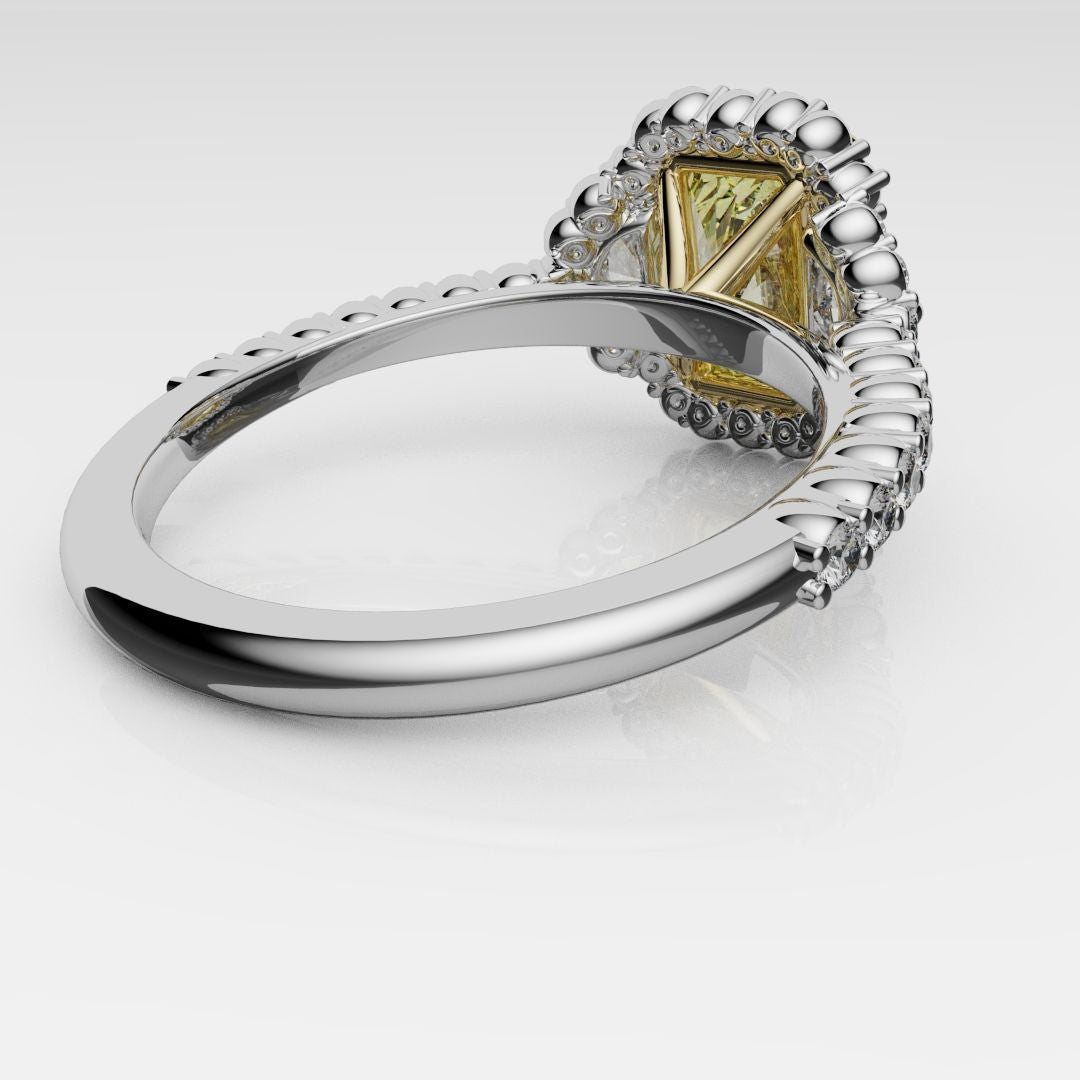 Radiant Cut Fancy Yellow Engagement Ring With Half Moon Shoulder Diamonds