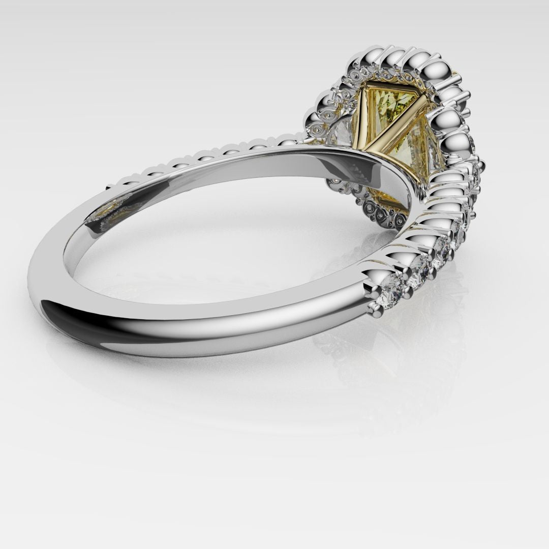 Radiant Cut Fancy Yellow Engagement Ring With Half Moon Shoulder Diamonds