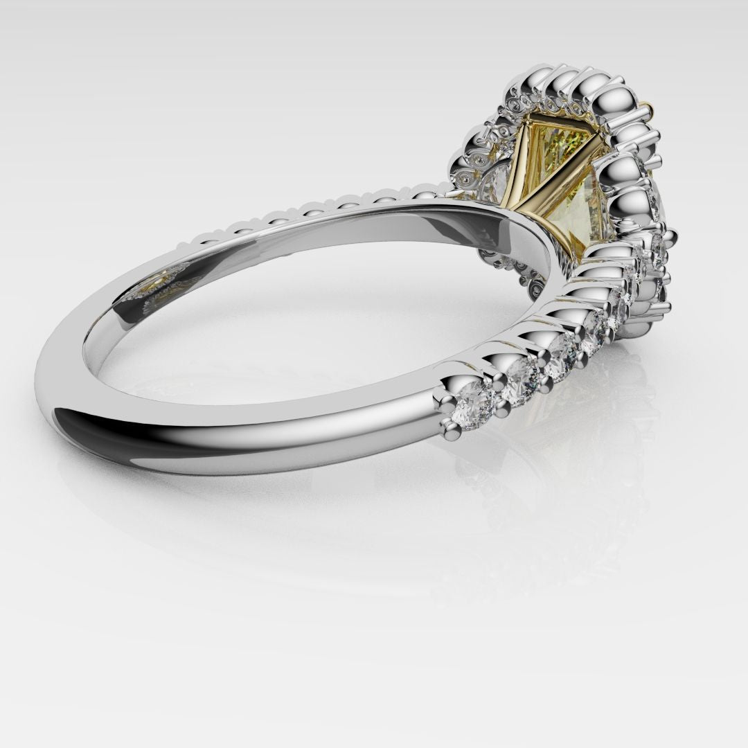 Radiant Cut Fancy Yellow Engagement Ring With Half Moon Shoulder Diamonds