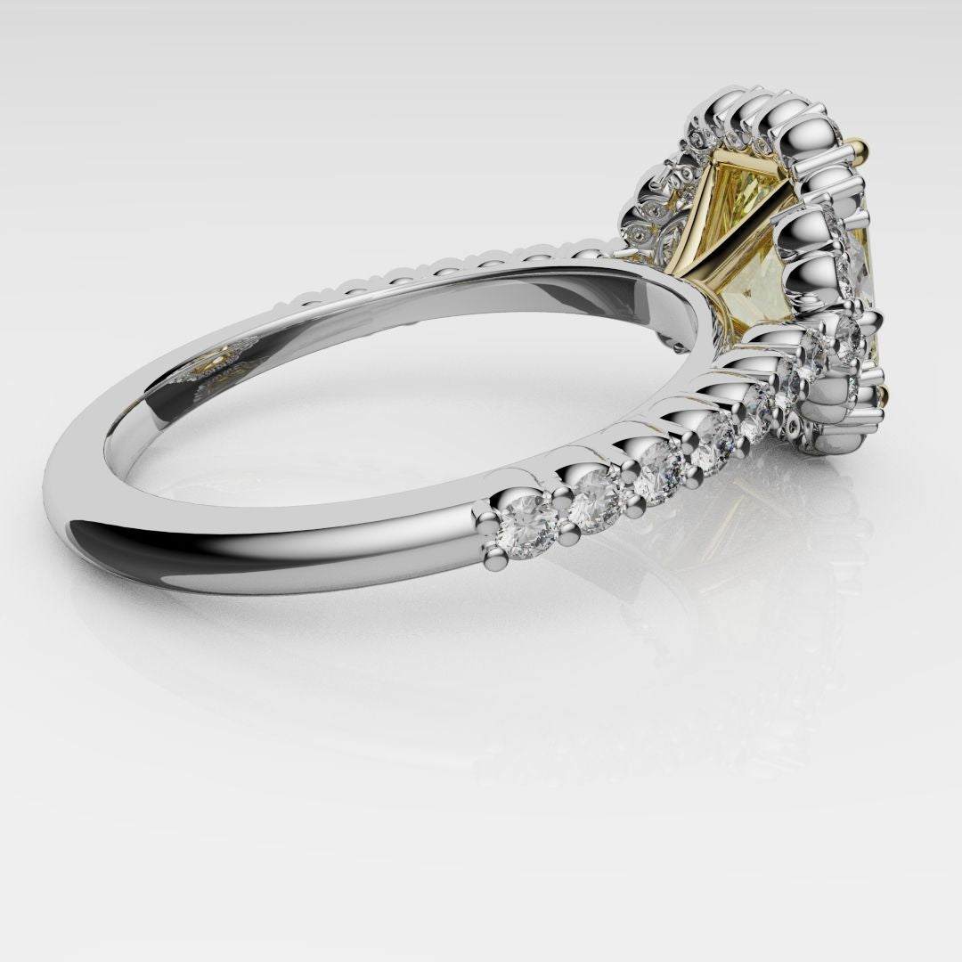 Radiant Cut Fancy Yellow Engagement Ring With Half Moon Shoulder Diamonds