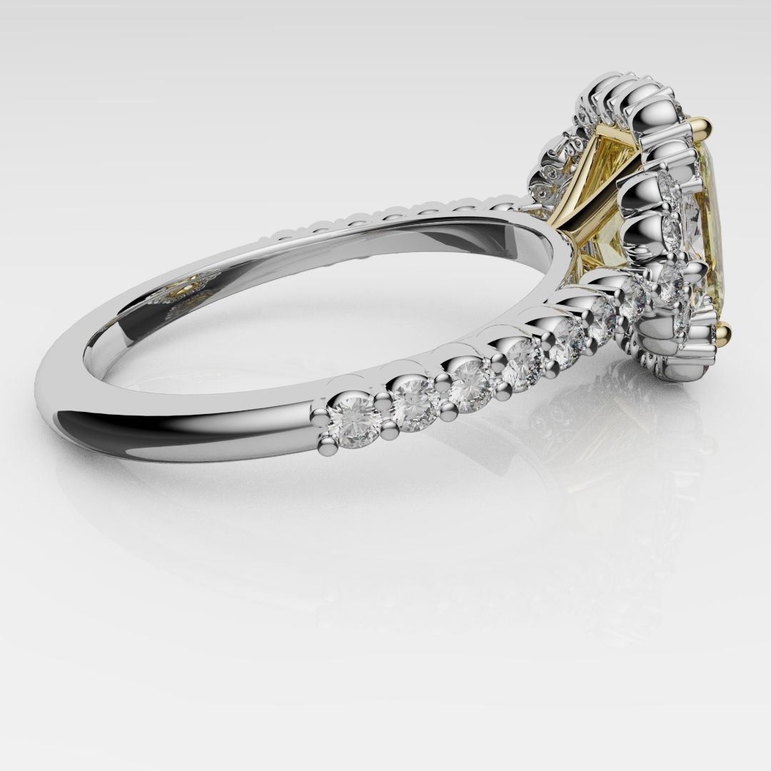 Radiant Cut Fancy Yellow Engagement Ring With Half Moon Shoulder Diamonds