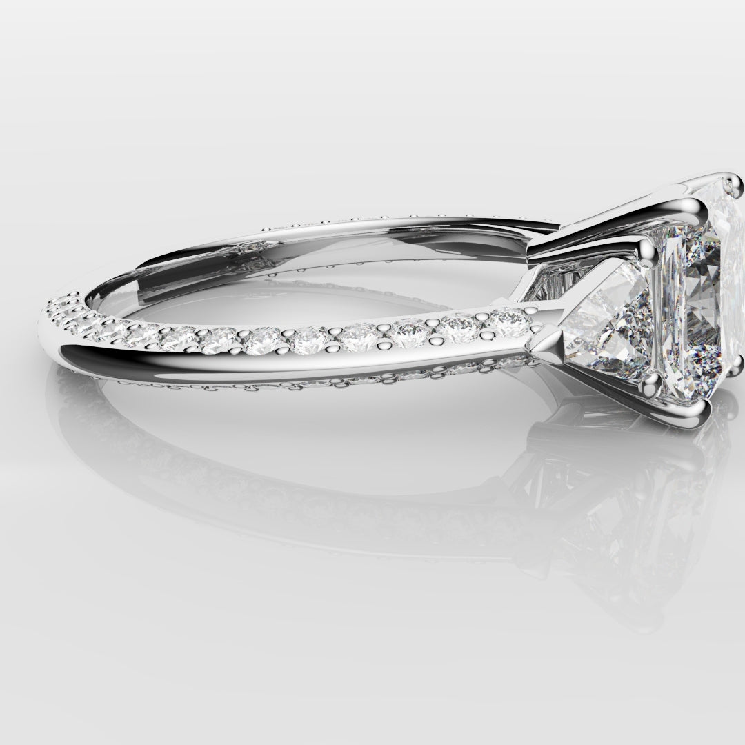 Radiant Cut and Trilliant Diamond Three Stone Engagement Ring