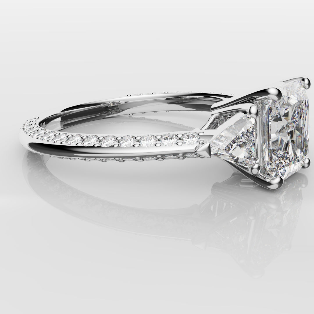 Radiant Cut and Trilliant Diamond Three Stone Engagement Ring