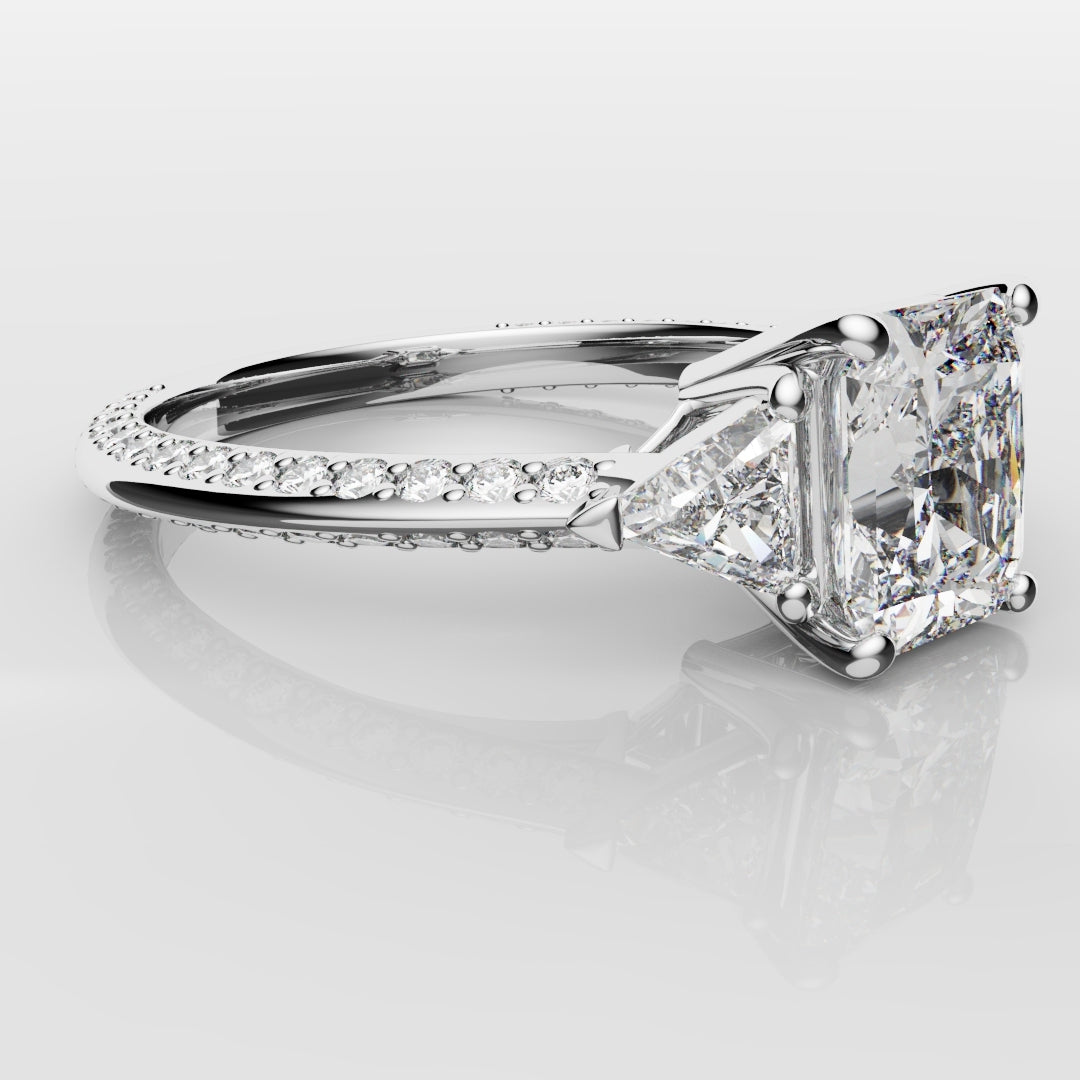 Radiant Cut and Trilliant Diamond Three Stone Engagement Ring