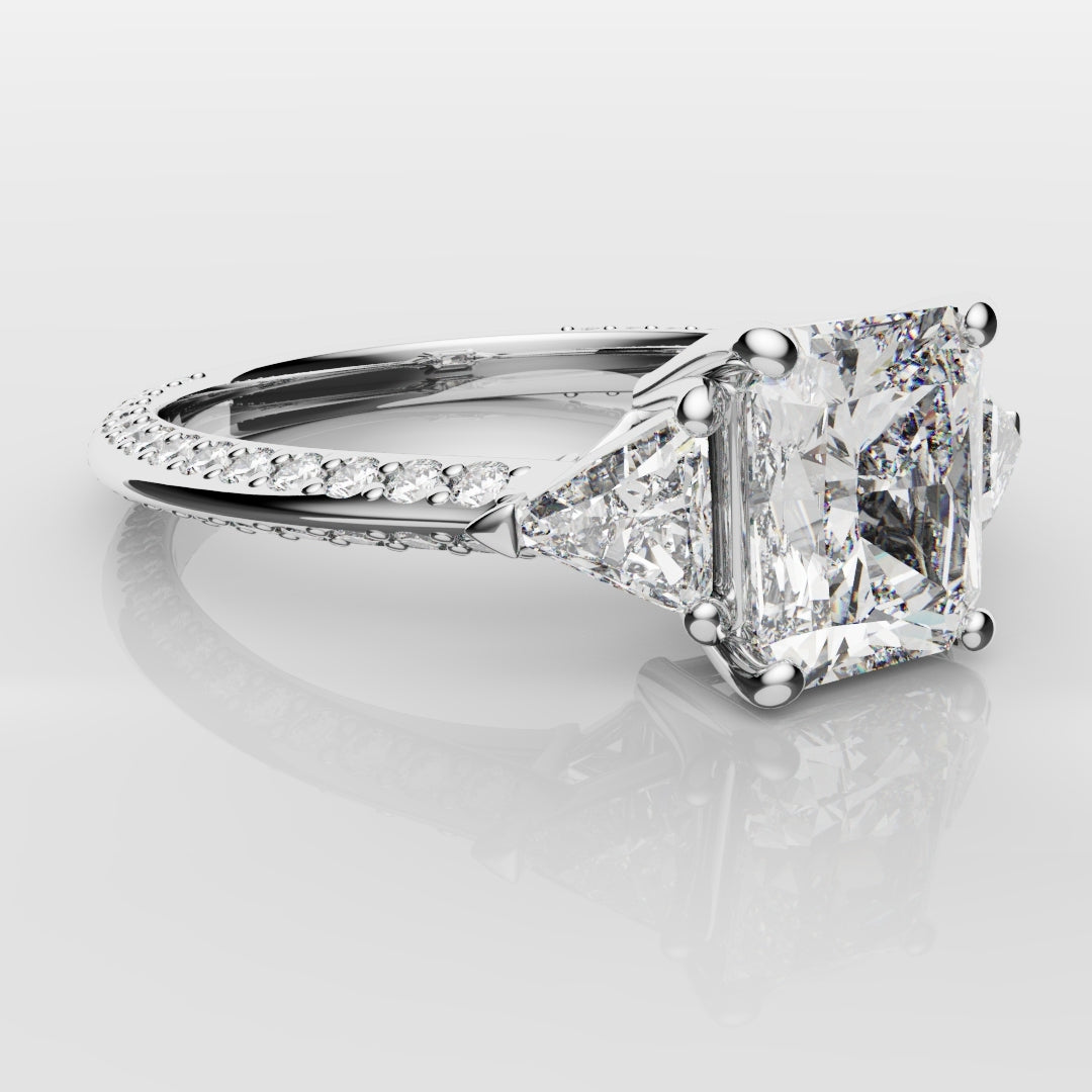 Radiant Cut and Trilliant Diamond Three Stone Engagement Ring