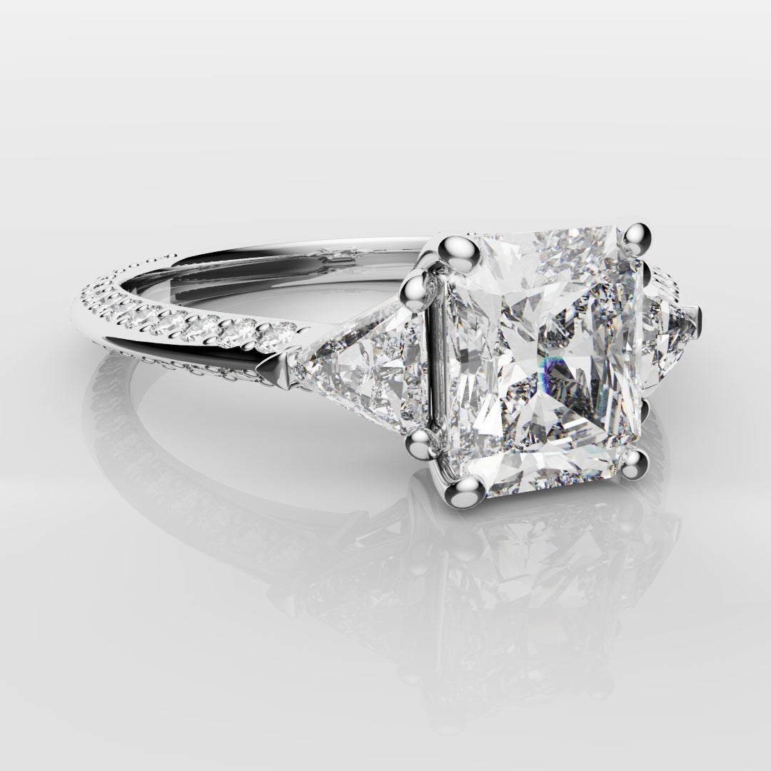 Radiant Cut and Trilliant Diamond Three Stone Engagement Ring