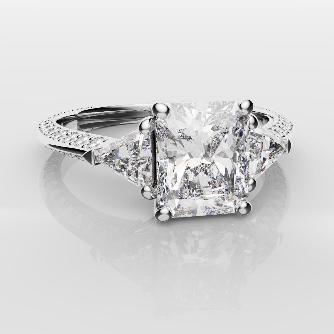 Radiant Cut and Trilliant Diamond Three Stone Engagement Ring