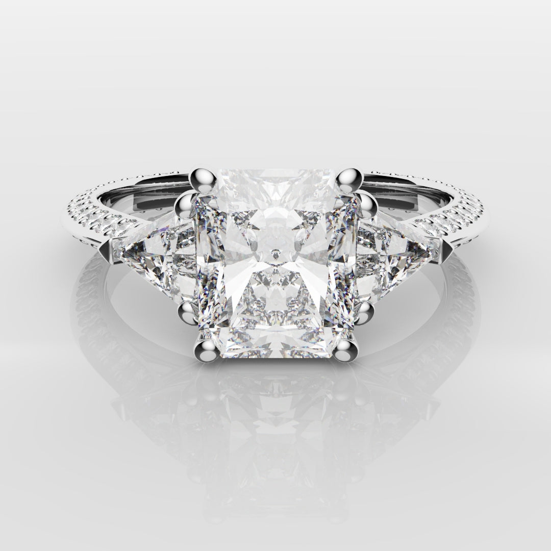 Radiant Cut and Trilliant Diamond Three Stone Engagement Ring