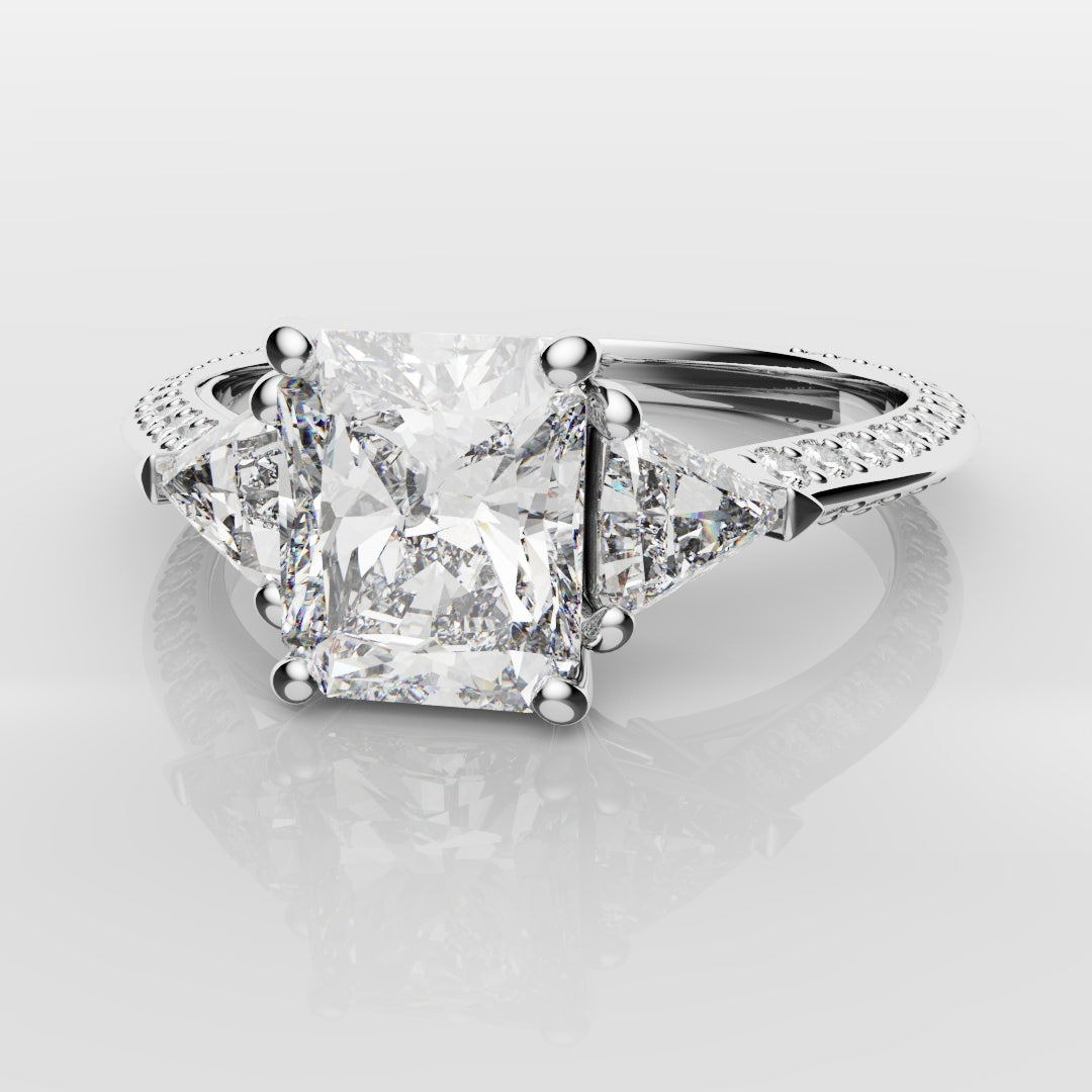 Radiant Cut and Trilliant Diamond Three Stone Engagement Ring