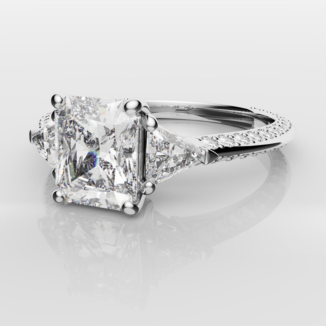 Radiant Cut and Trilliant Diamond Three Stone Engagement Ring