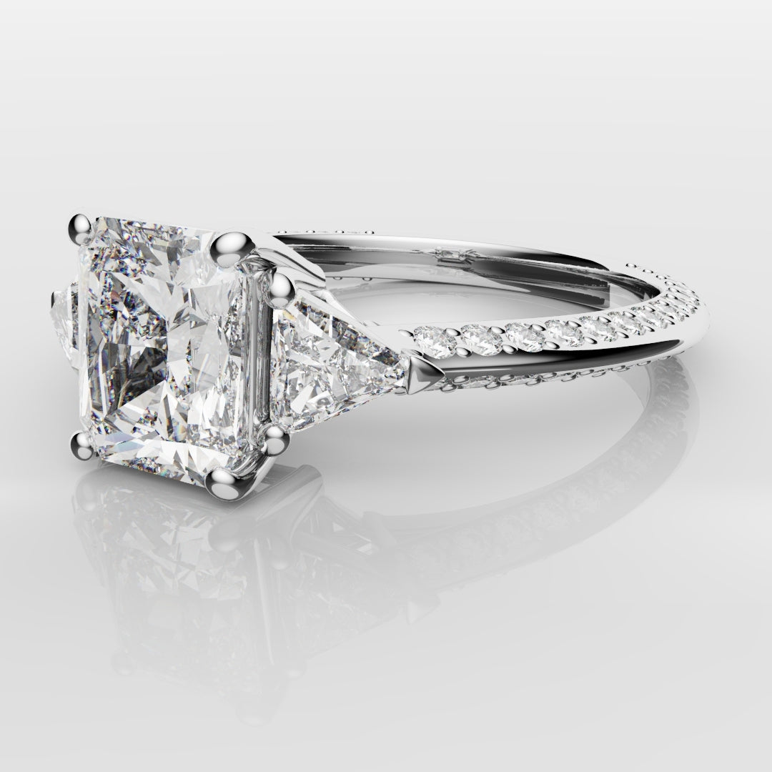 Radiant Cut and Trilliant Diamond Three Stone Engagement Ring