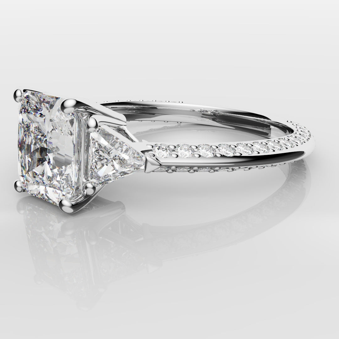 Radiant Cut and Trilliant Diamond Three Stone Engagement Ring