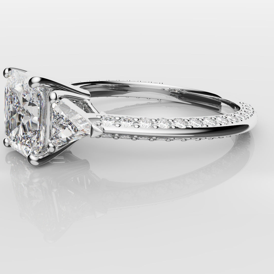 Radiant Cut and Trilliant Diamond Three Stone Engagement Ring