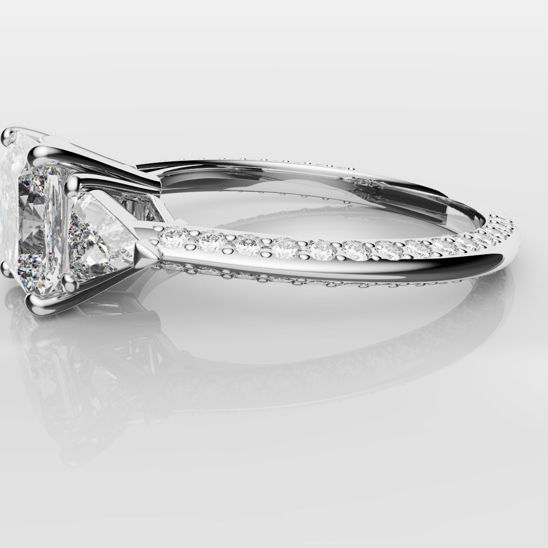 Radiant Cut and Trilliant Diamond Three Stone Engagement Ring