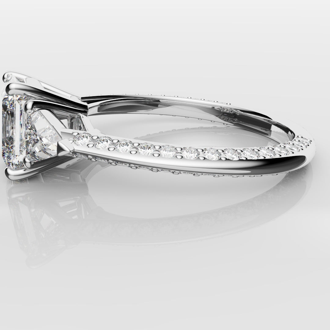 Radiant Cut and Trilliant Diamond Three Stone Engagement Ring