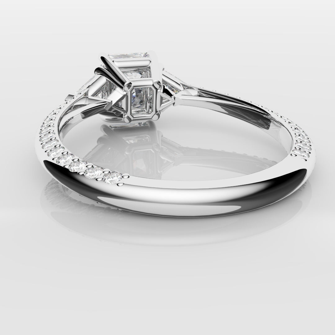 Radiant Cut and Trilliant Diamond Three Stone Engagement Ring
