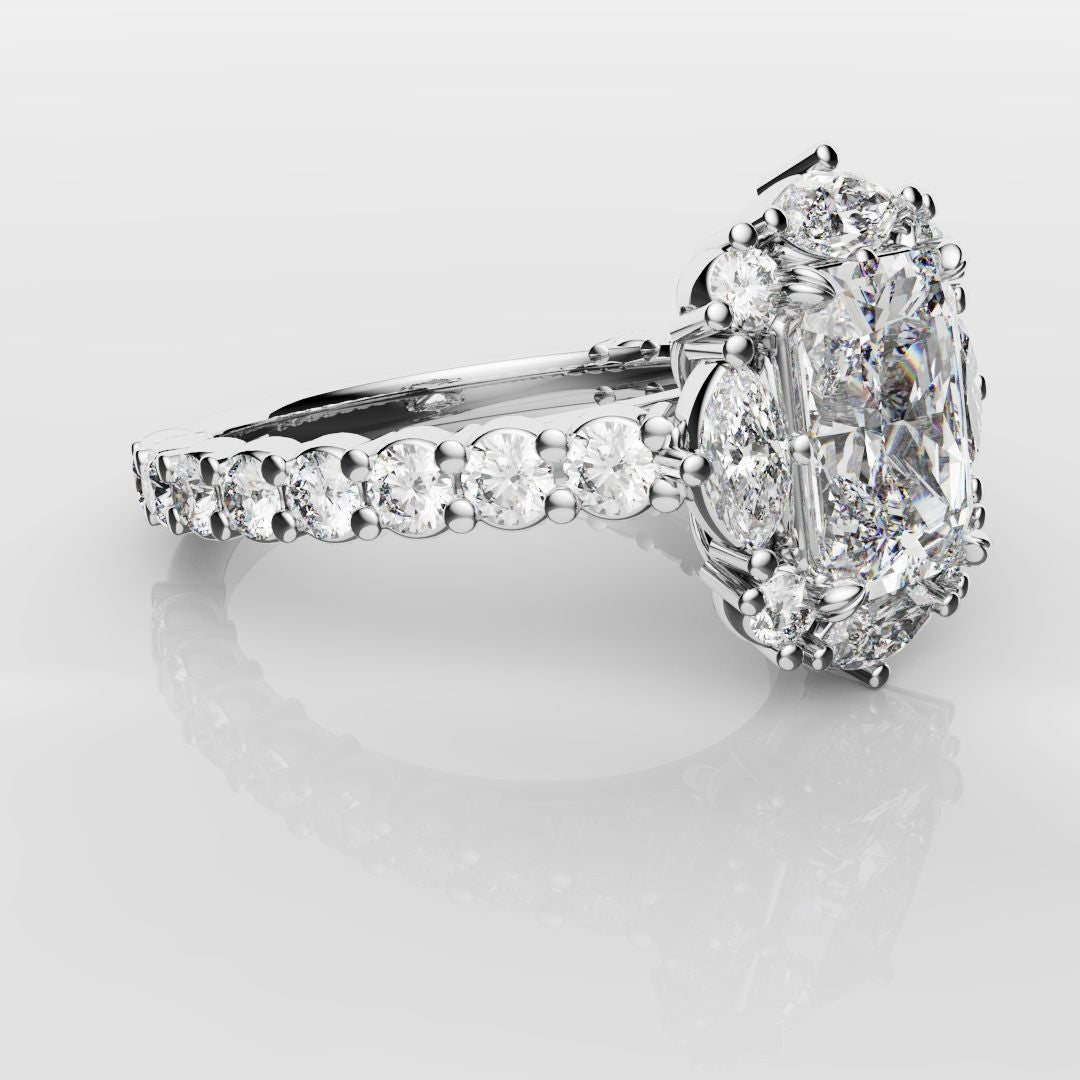 Unique Radiant Cut Diamond Engagement Ring with Marquise Halo