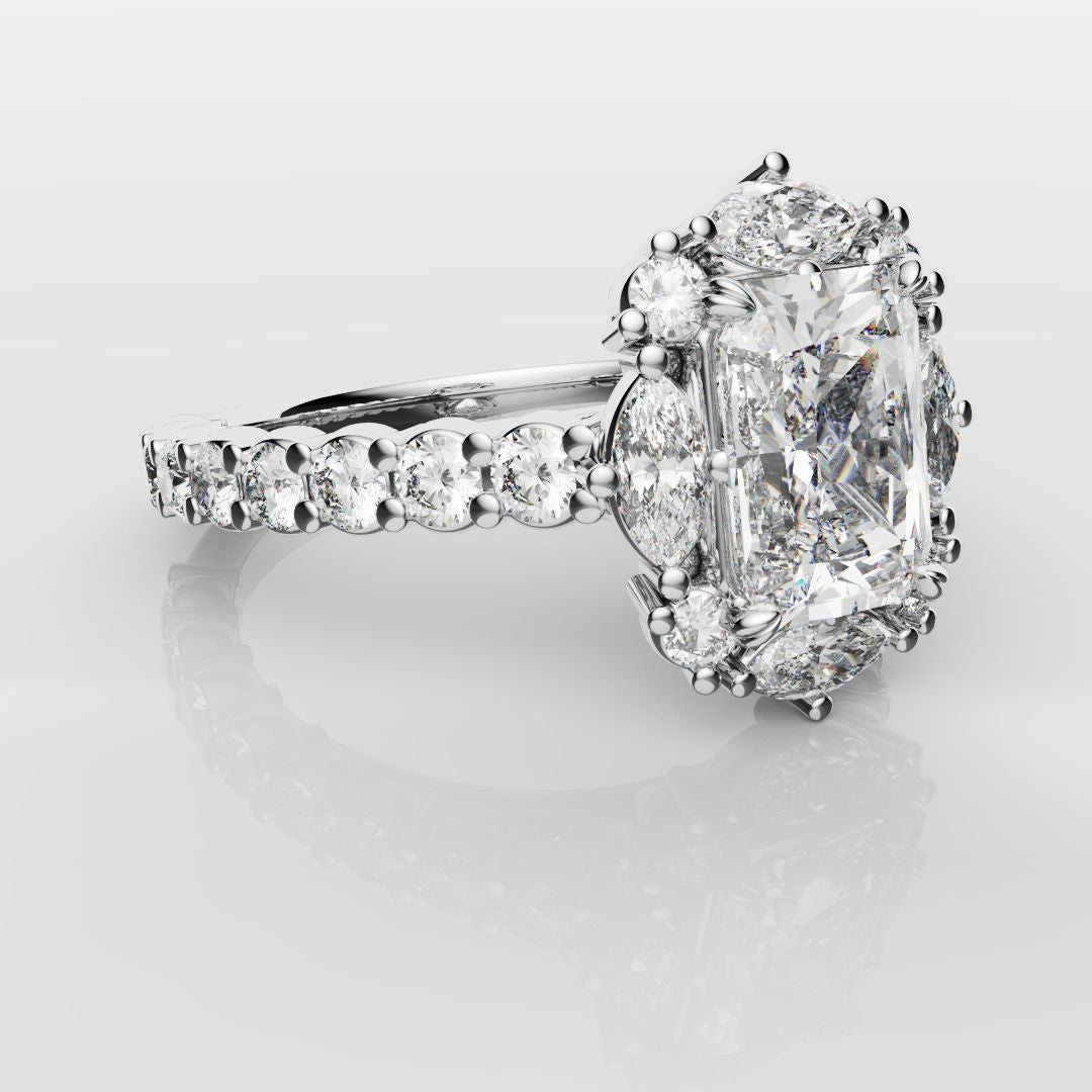 Unique Radiant Cut Diamond Engagement Ring with Marquise Halo