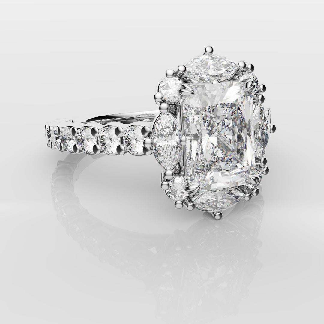 Unique Radiant Cut Diamond Engagement Ring with Marquise Halo