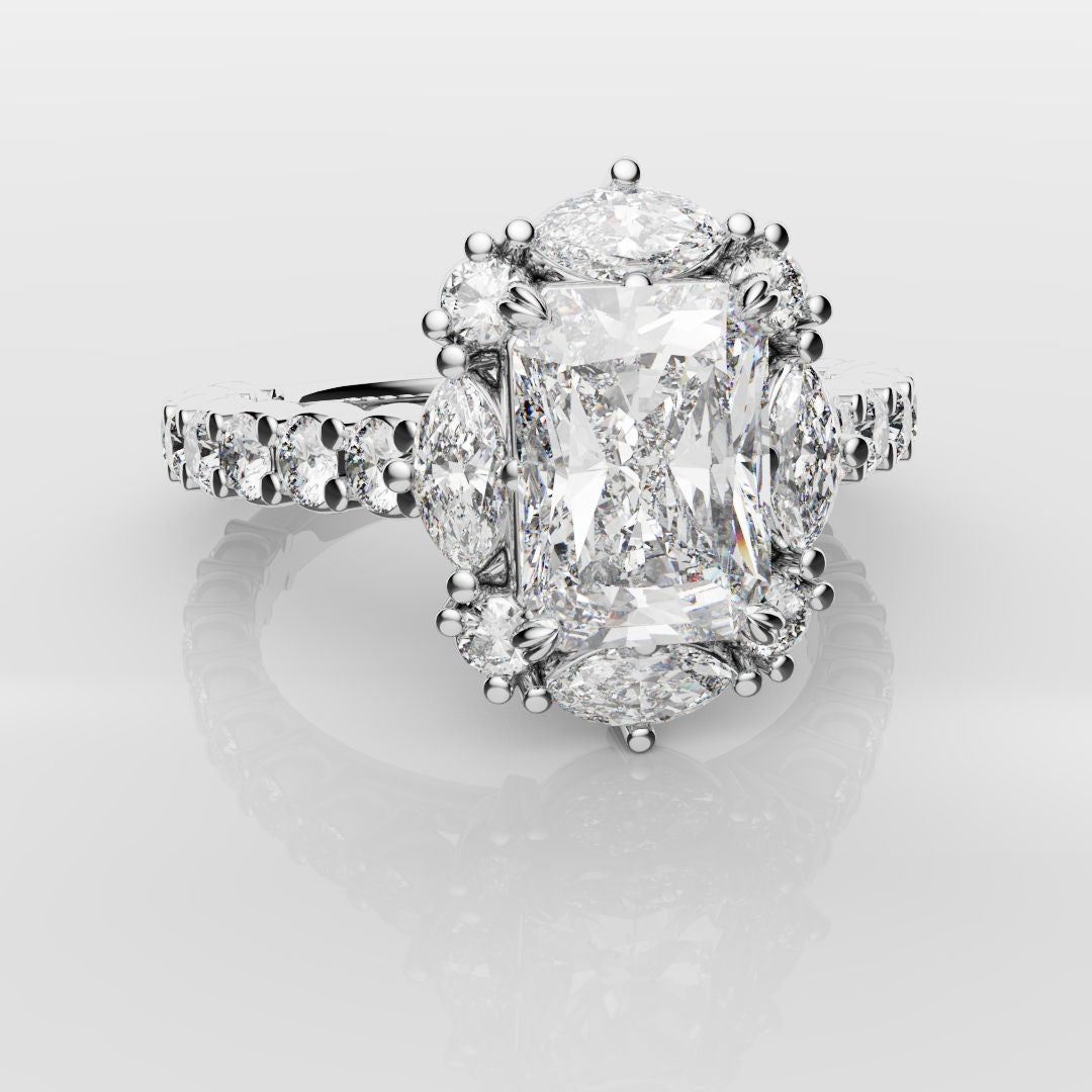 Unique Radiant Cut Diamond Engagement Ring with Marquise Halo