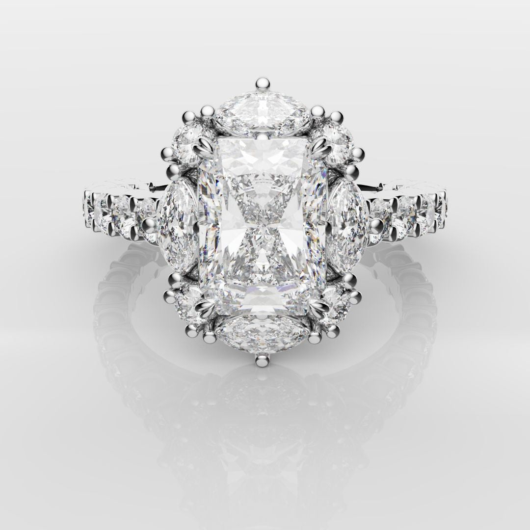 Unique Radiant Cut Diamond Engagement Ring with Marquise Halo