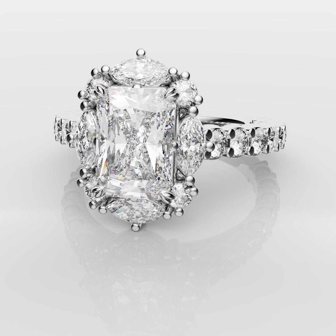 Unique Radiant Cut Diamond Engagement Ring with Marquise Halo