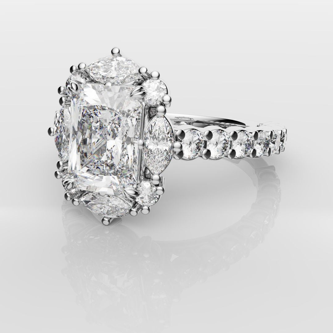 Unique Radiant Cut Diamond Engagement Ring with Marquise Halo