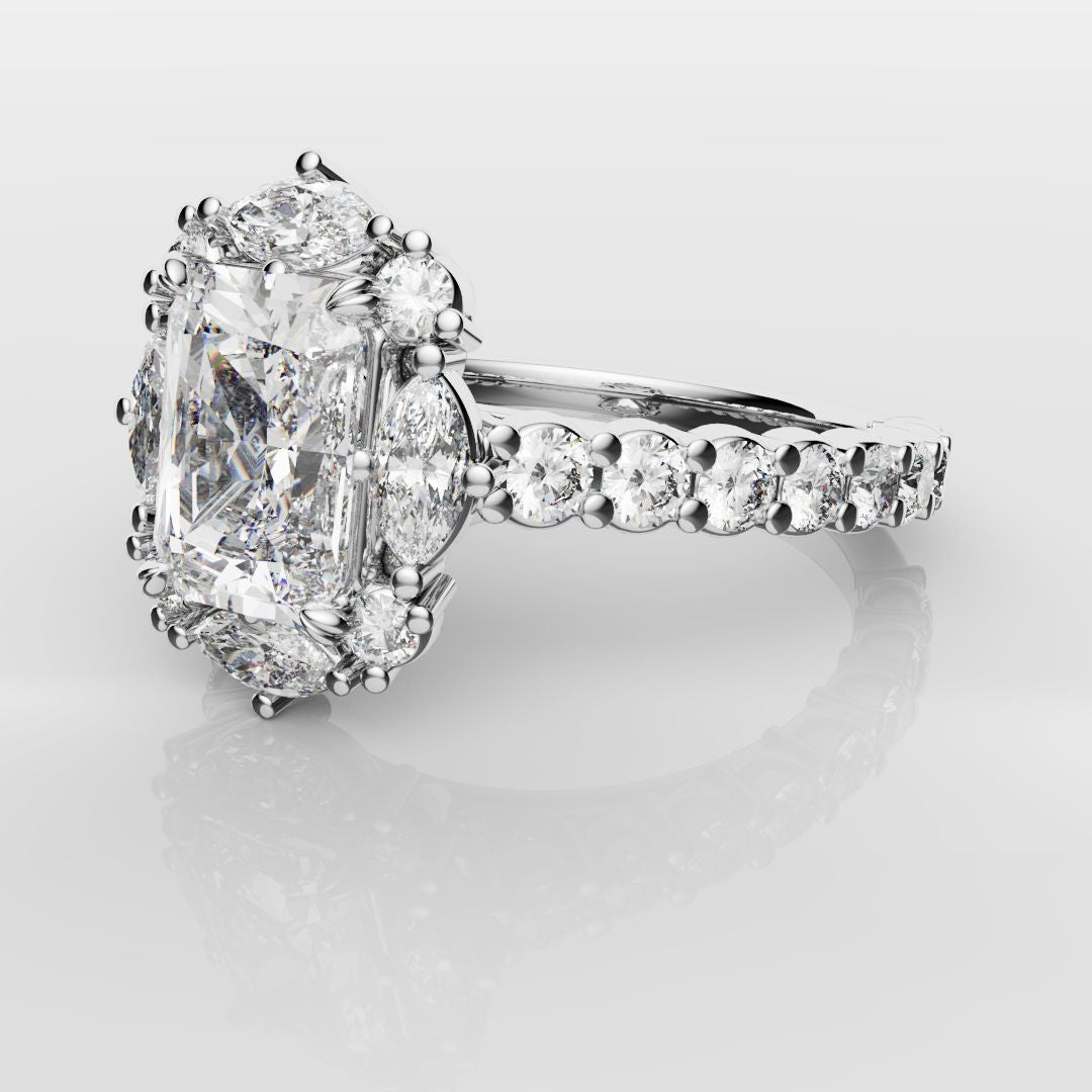 Unique Radiant Cut Diamond Engagement Ring with Marquise Halo