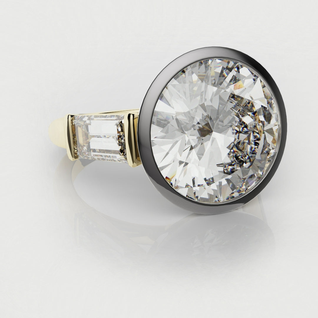 Round and Baguette Diamond Trilogy Rubover Set Engagement Ring